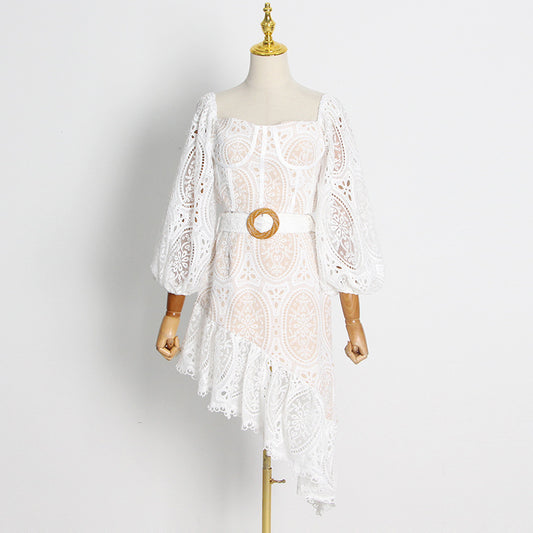 Long Sleeve Short Tops and Patchwork Asymmetric Skirts Hollow Out 2 Piece Sets