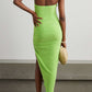 V-neck Sleeveless Solid Green Vocation Split Asymmetric Dress