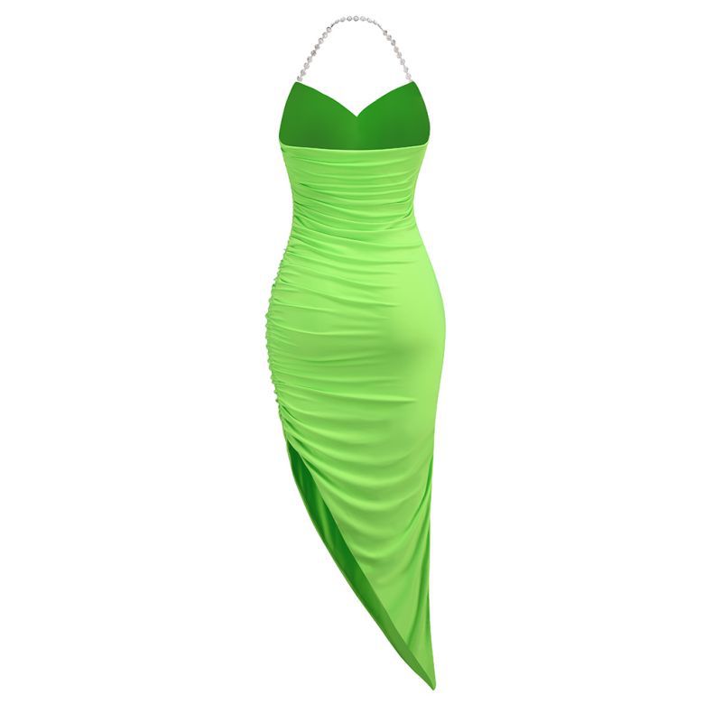 V-neck Sleeveless Solid Green Vocation Split Asymmetric Dress