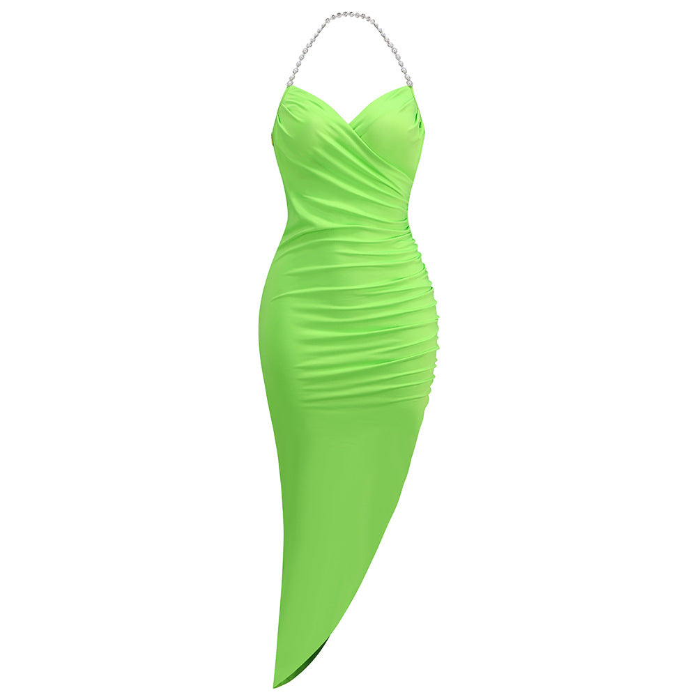 V-neck Sleeveless Solid Green Vocation Split Asymmetric Dress