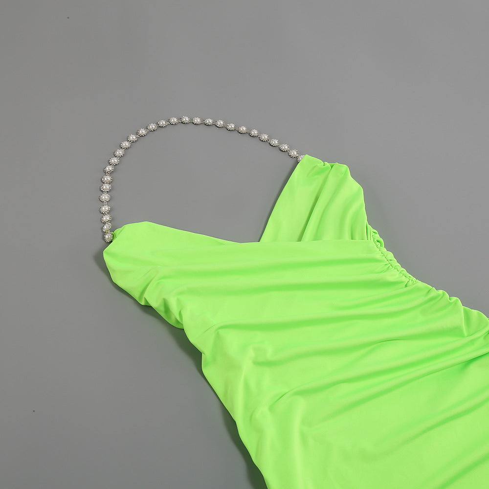 V-neck Sleeveless Solid Green Vocation Split Asymmetric Dress