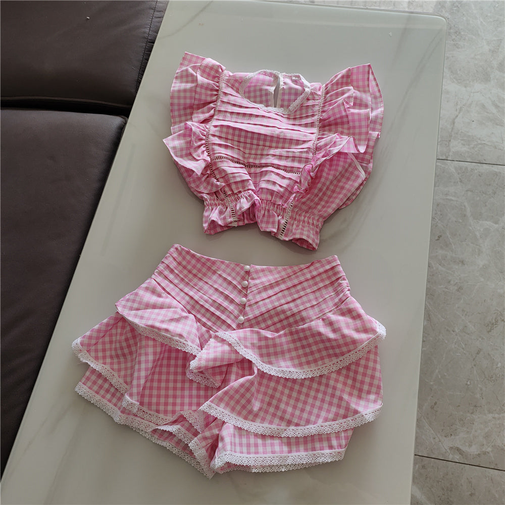Cotton Plaid Ruffled Top and Short Women Sets