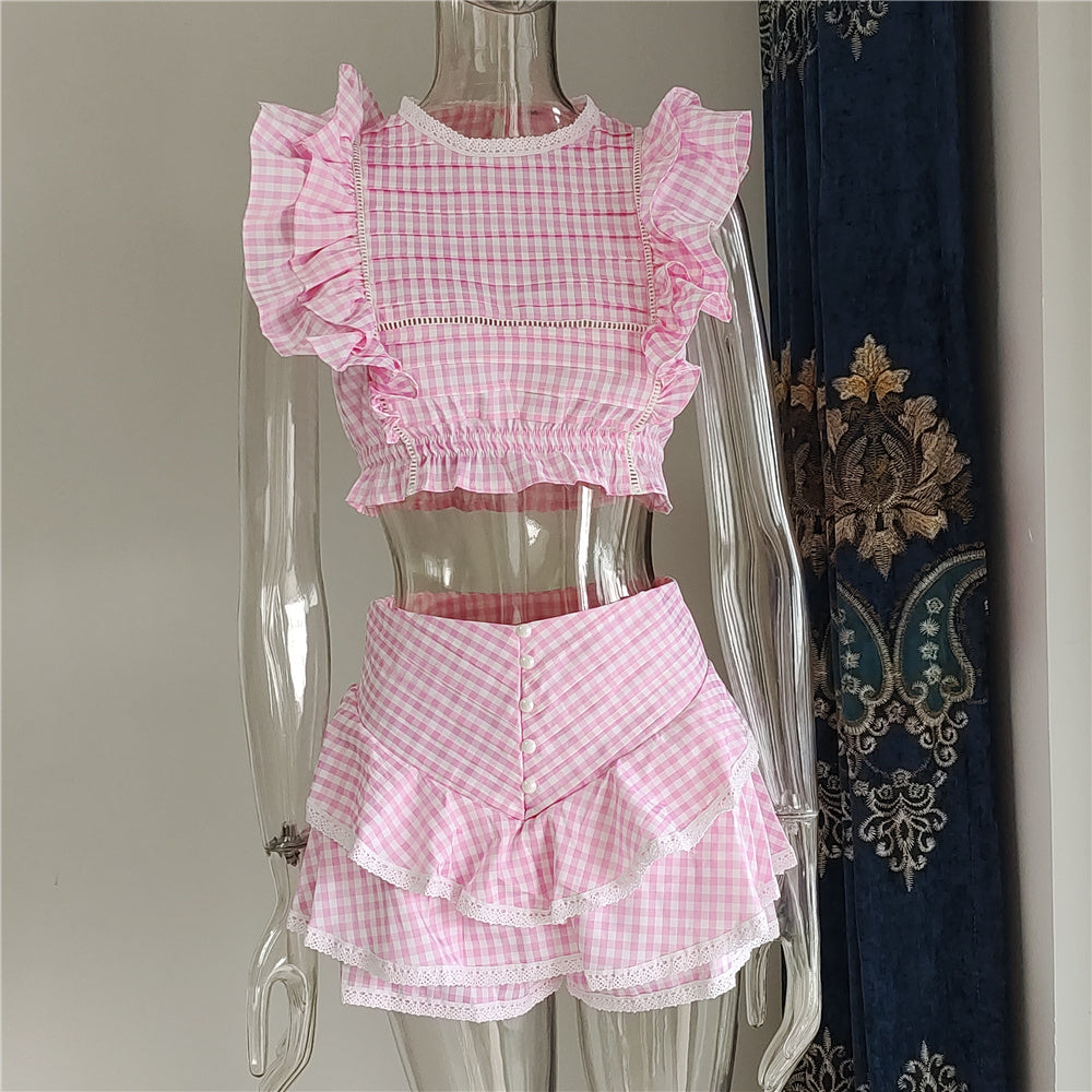 Cotton Plaid Ruffled Top and Short Women Sets