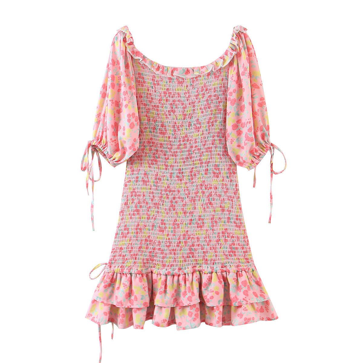 Short Sleeve Floral Print Pink A-line Women Mini Dress