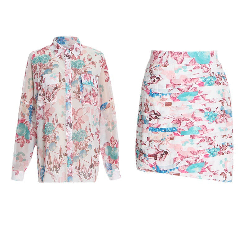 Long Sleeve Blouse and Mermaid Skirts Colorblock Floral Women Sets