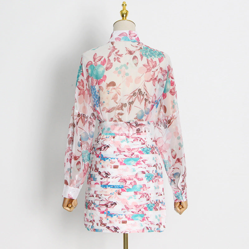 Long Sleeve Blouse and Mermaid Skirts Colorblock Floral Women Sets