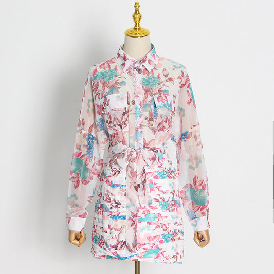 Long Sleeve Blouse and Mermaid Skirts Colorblock Floral Women Sets
