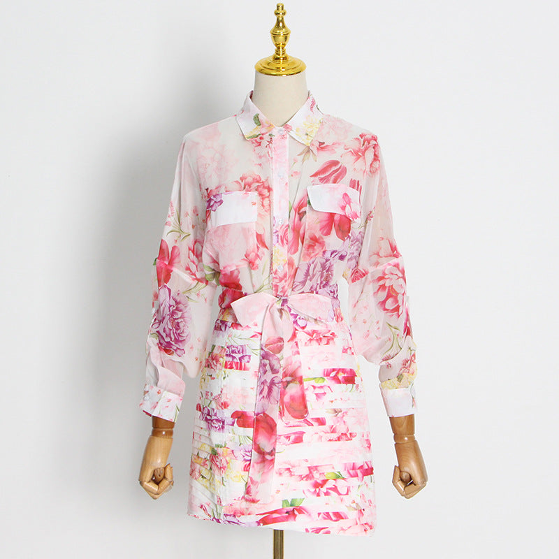Long Sleeve Blouse and Mermaid Skirts Colorblock Floral Women Sets