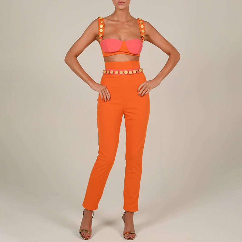 Strap Sleeveless Top and Pants Patchwork Women Sets