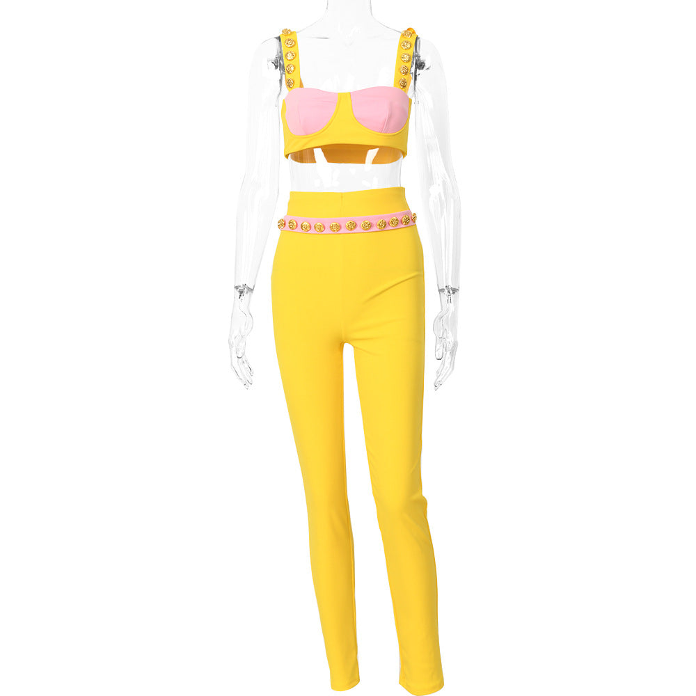 Strap Sleeveless Top and Pants Patchwork Women Sets