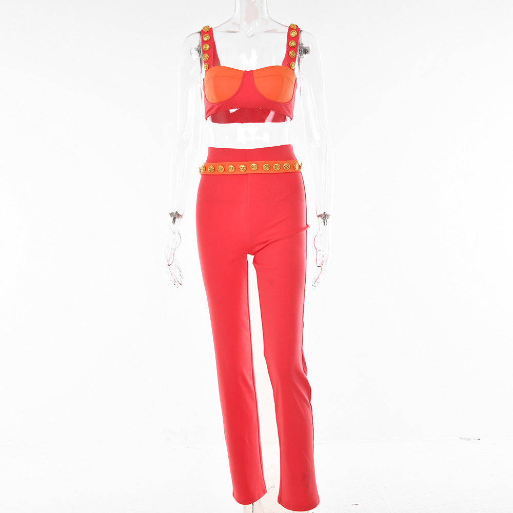 Strap Sleeveless Top and Pants Patchwork Women Sets