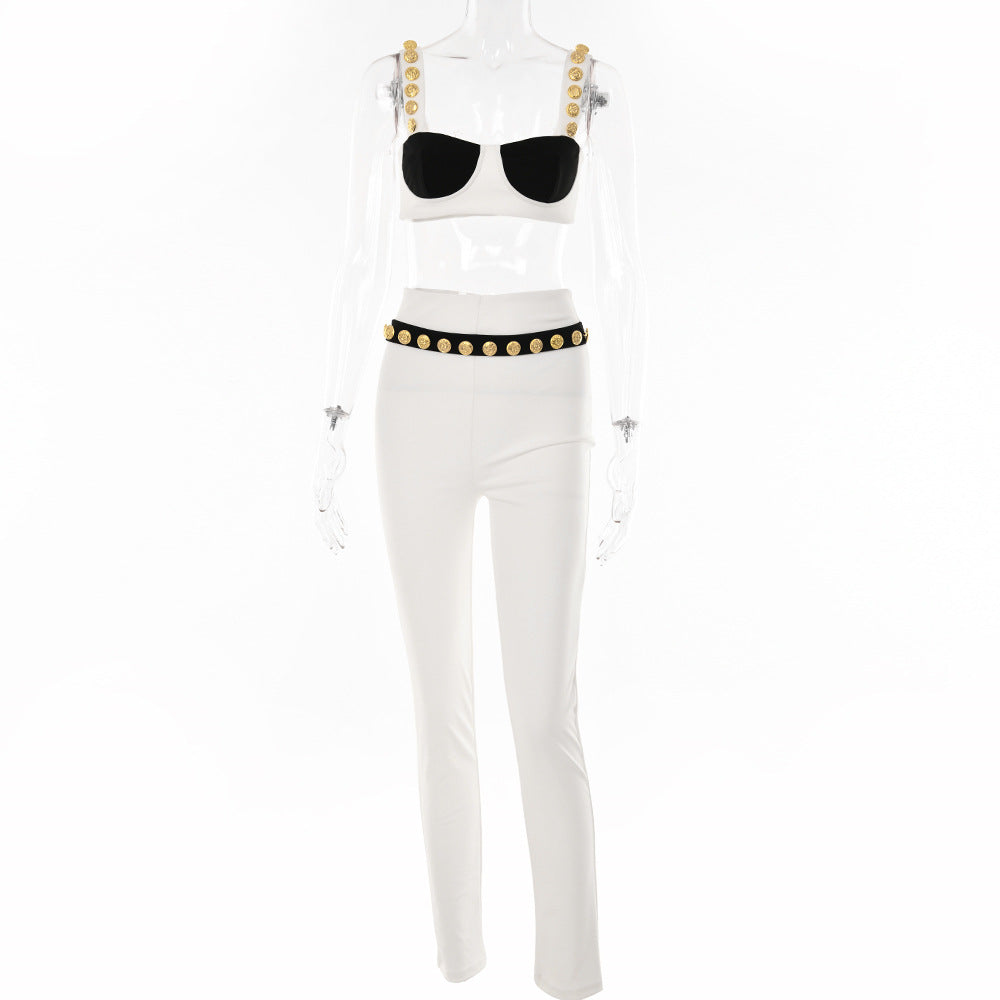 Strap Sleeveless Top and Pants Patchwork Women Sets