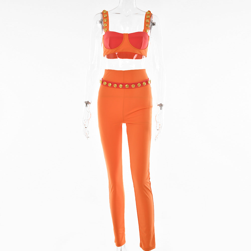 Strap Sleeveless Top and Pants Patchwork Women Sets