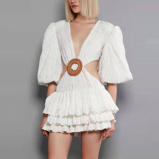 Puff Sleeve Solid Color Backless Fashion A-line Mini Dress