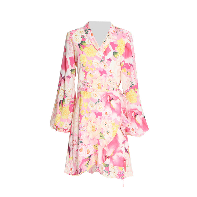 Colorful Floral Print V-neck Long Sleeve High Waist Mini Dress