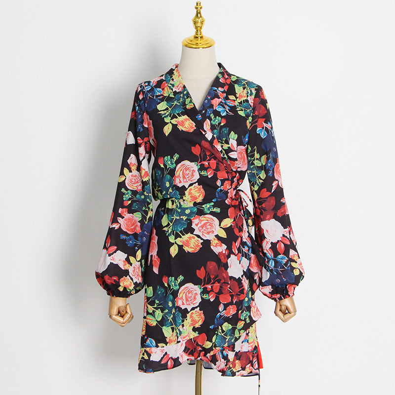 Colorful Floral Print V-neck Long Sleeve High Waist Mini Dress