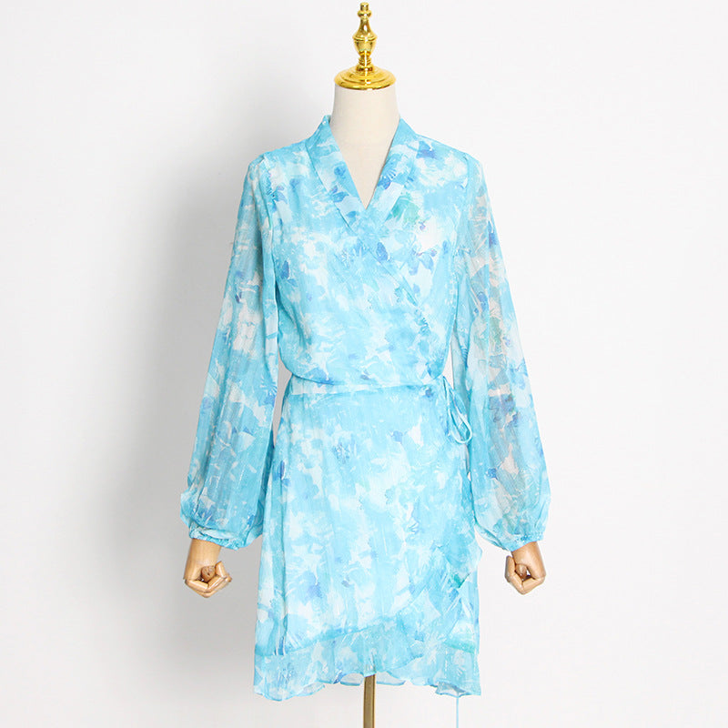 Colorful Floral Print V-neck Long Sleeve High Waist Mini Dress