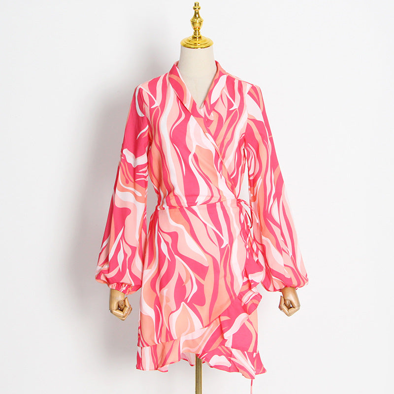 Colorful Floral Print V-neck Long Sleeve High Waist Mini Dress