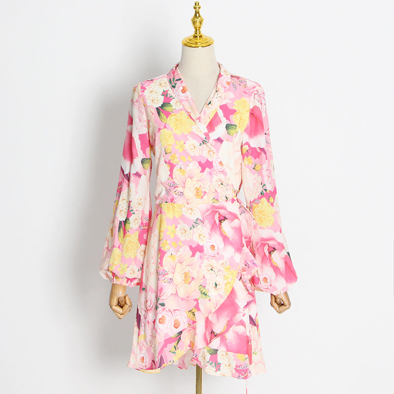 Colorful Floral Print V-neck Long Sleeve High Waist Mini Dress