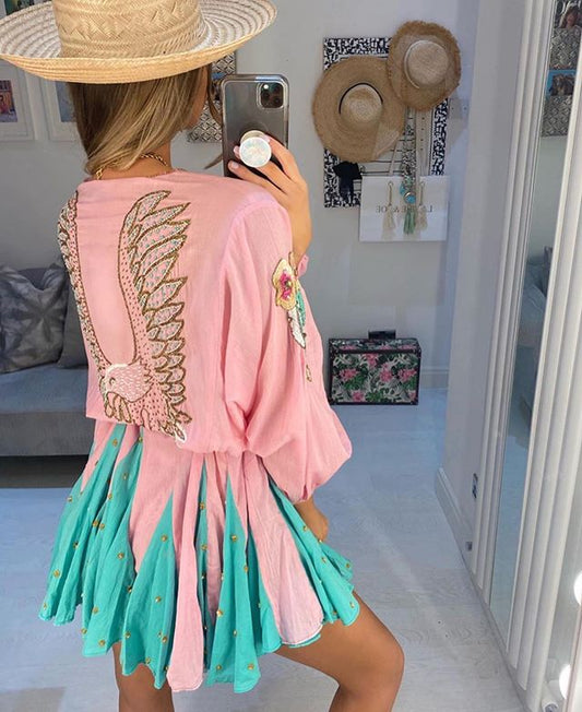 Women V-neck Cotton Patchwork Embroidery Long Sleeve Mini Dress