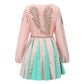 Women V-neck Cotton Patchwork Embroidery Long Sleeve Mini Dress