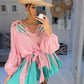 Women V-neck Cotton Patchwork Embroidery Long Sleeve Mini Dress