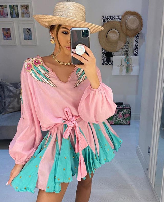 Women V-neck Cotton Patchwork Embroidery Long Sleeve Mini Dress