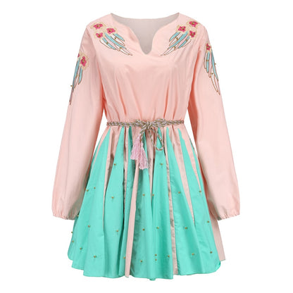 Women V-neck Cotton Patchwork Embroidery Long Sleeve Mini Dress