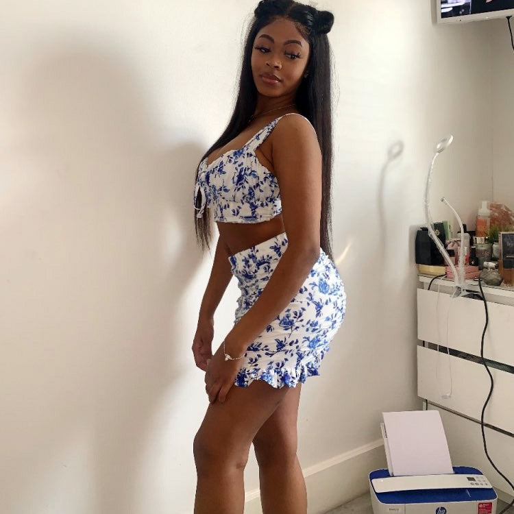 Blue Floral Sexy Draped Women Sets Strap Top and Skirts