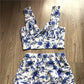 Blue Floral Sexy Draped Women Sets Strap Top and Skirts