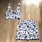 Blue Floral Sexy Draped Women Sets Strap Top and Skirts
