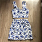Blue Floral Sexy Draped Women Sets Strap Top and Skirts