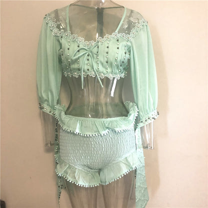 Women Green Sets 1/2 Sleeve V-neck Top and Shorts