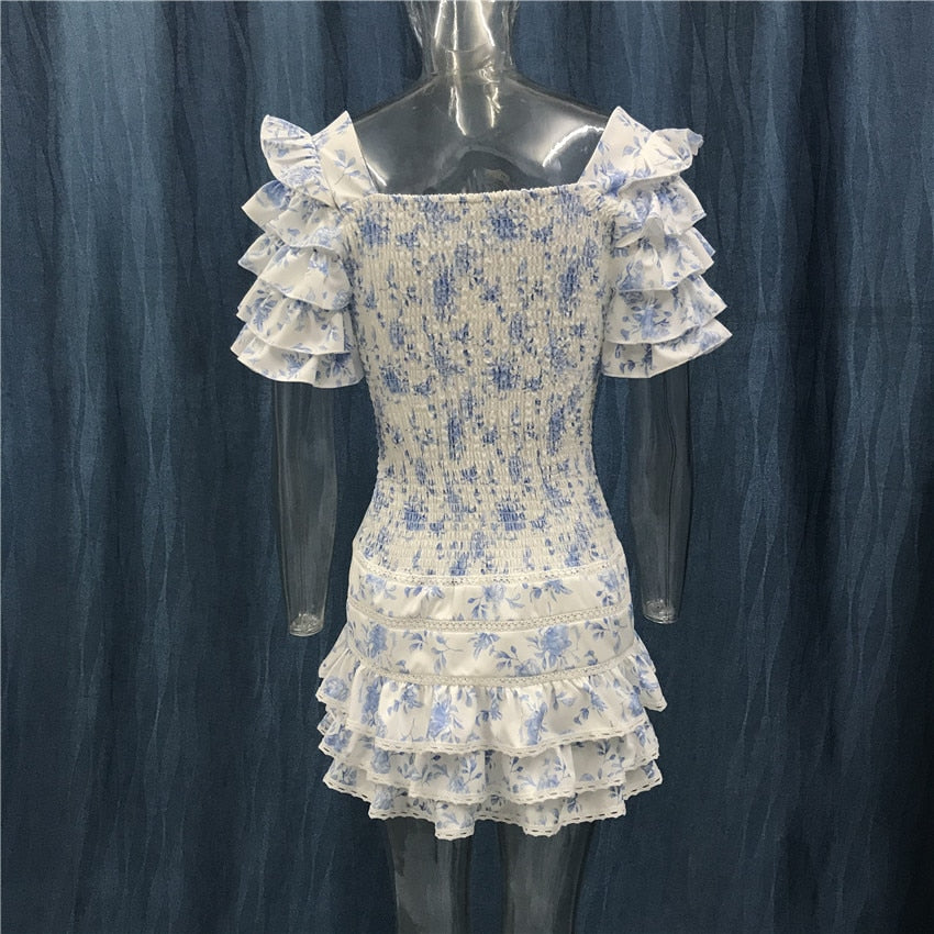 Short Sleeve Ruffle Blue Mini Dress