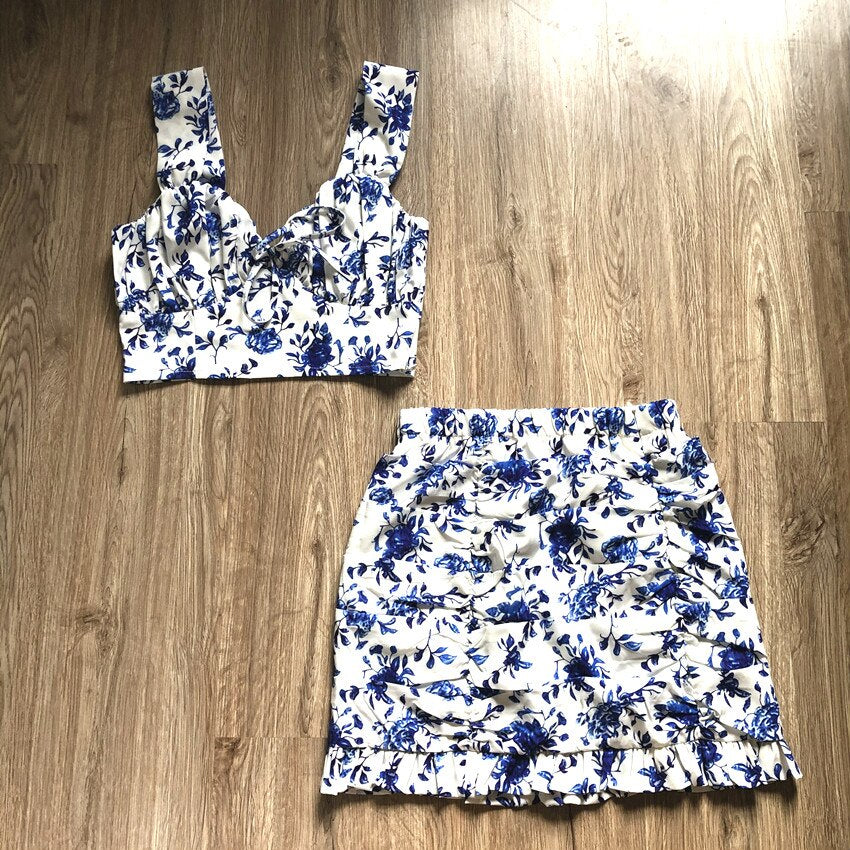 Sexy Draped Women Sets Strap Top and Skirts
