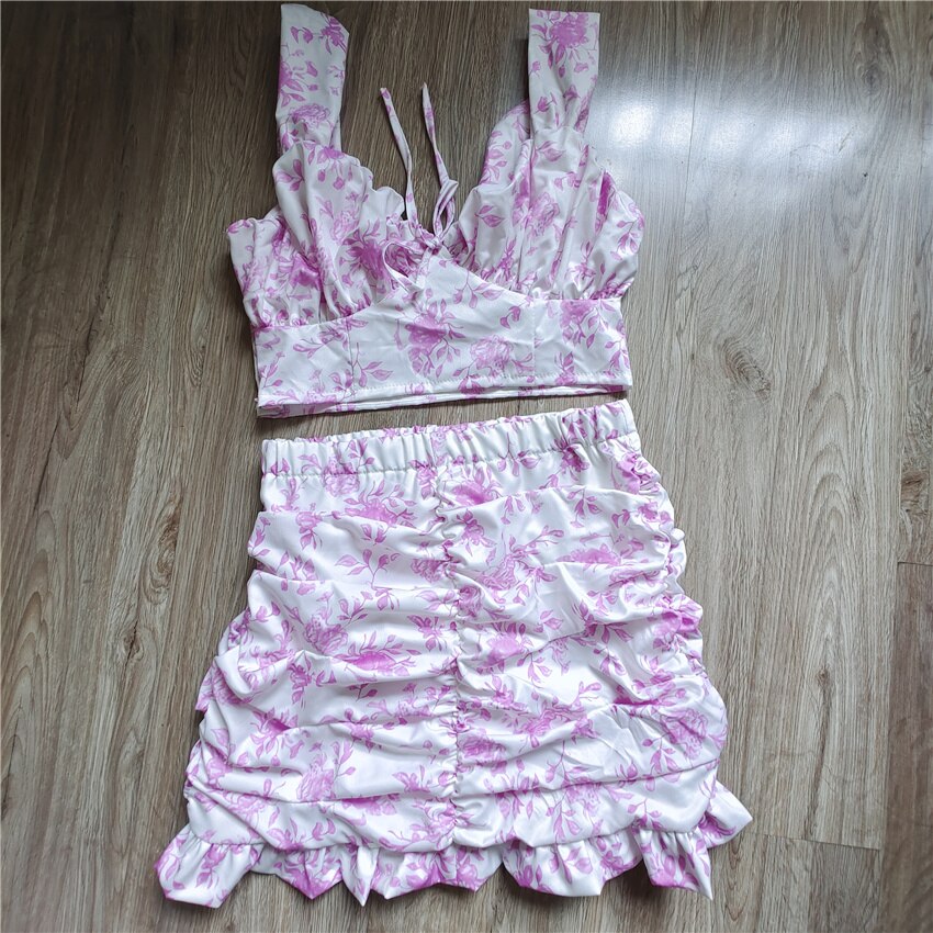 Sexy Draped Women Sets Strap Top and Skirts