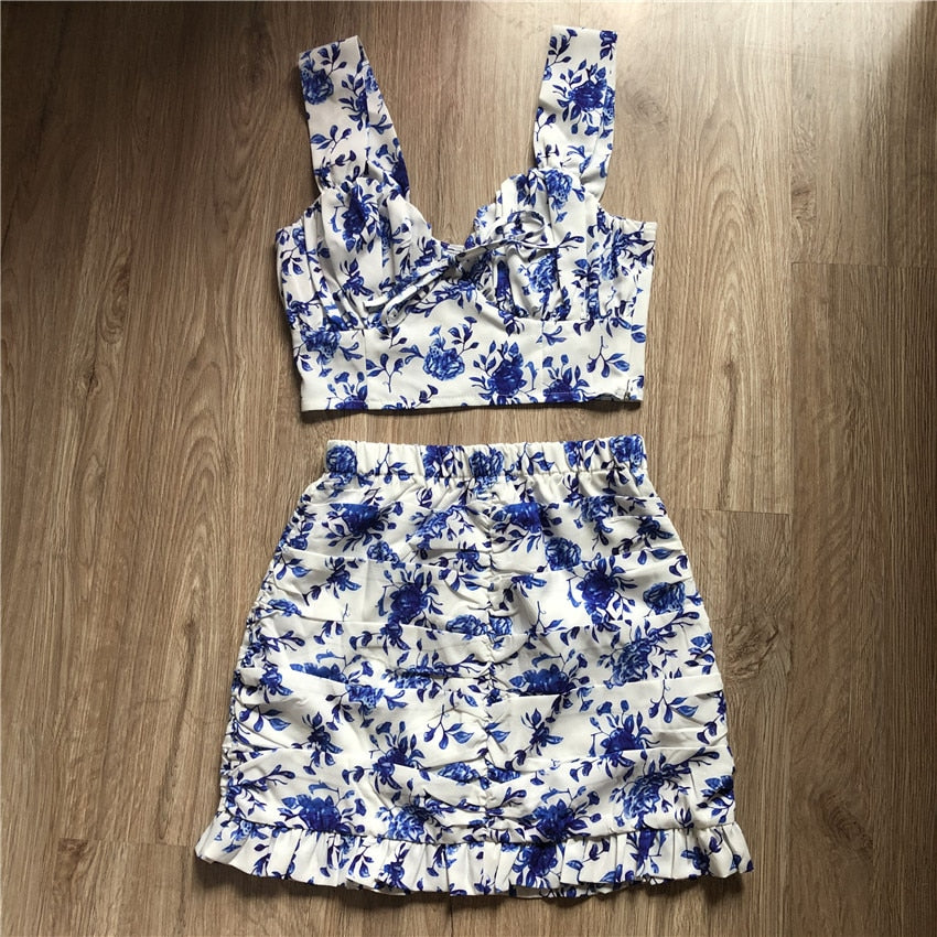 Sexy Draped Women Sets Strap Top and Skirts