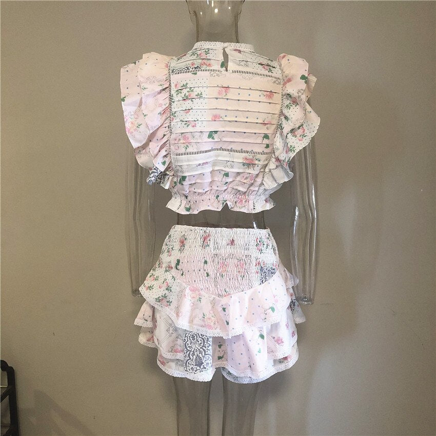Women Sets Elastic Waistband Cropped Top with Cute Ruffle Mini Shorts Skirts