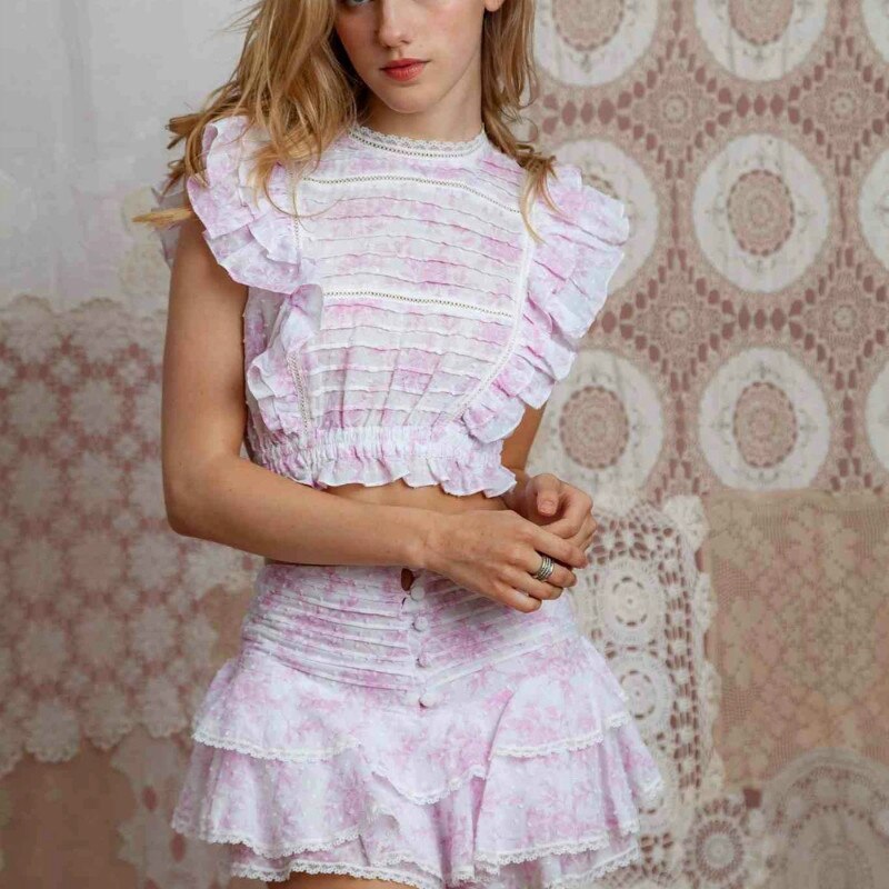 Women Sets Elastic Waistband Cropped Top with Cute Ruffle Mini Shorts Skirts