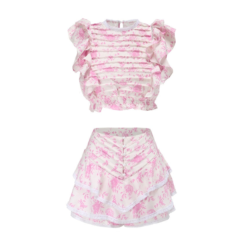Print Ruffled Women Set-Elastic Waistband Cropped Top With Ruffle Mini Shorts