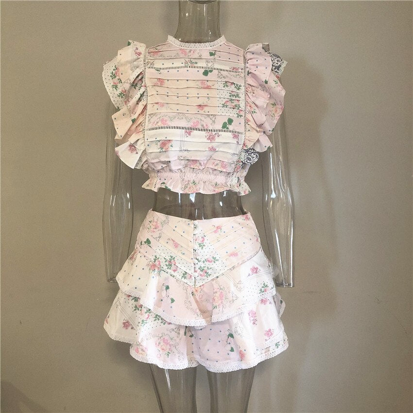 Women Sets Elastic Waistband Cropped Top with Cute Ruffle Mini Shorts Skirts