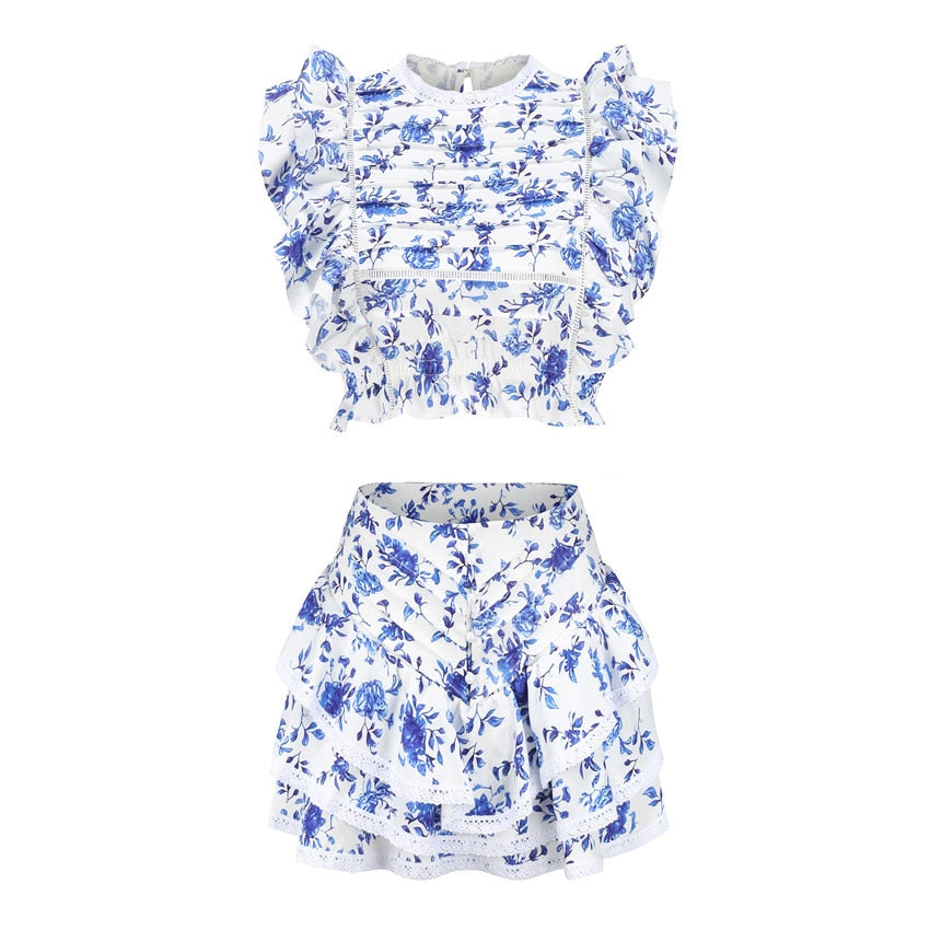 Print Ruffled Women Set-Elastic Waistband Cropped Top With Ruffle Mini Shorts