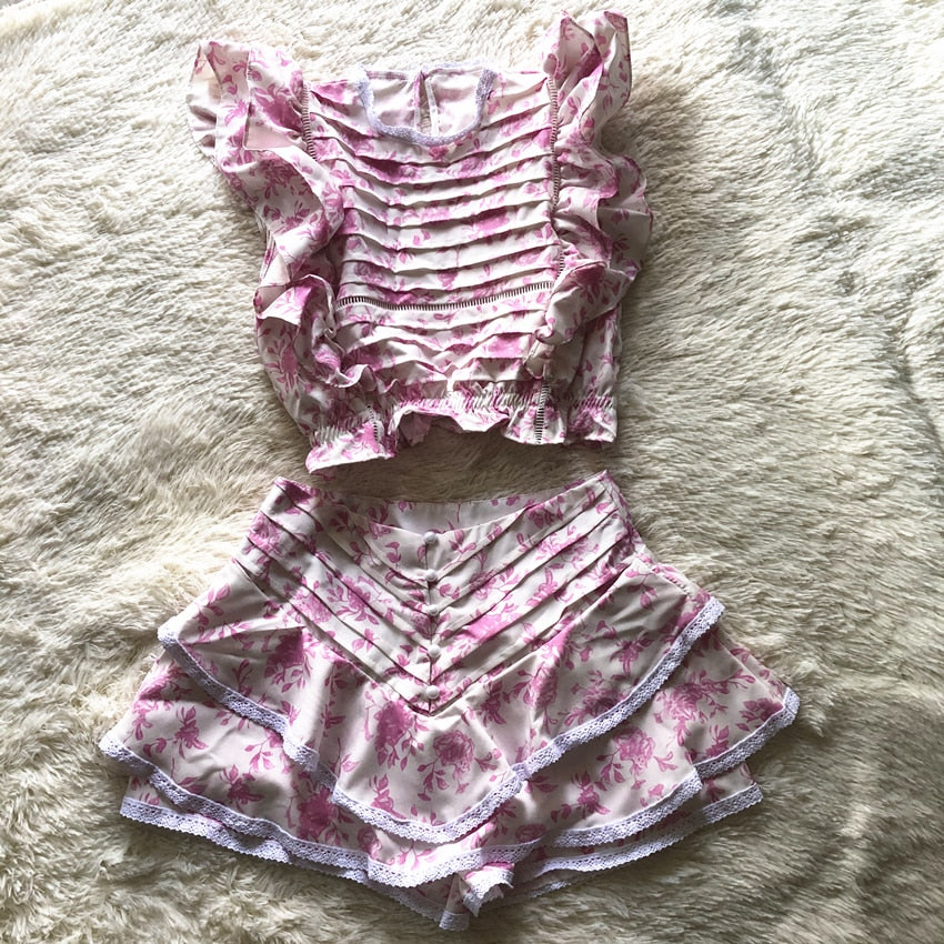 Print Ruffled Women Set-Elastic Waistband Cropped Top With Ruffle Mini Shorts
