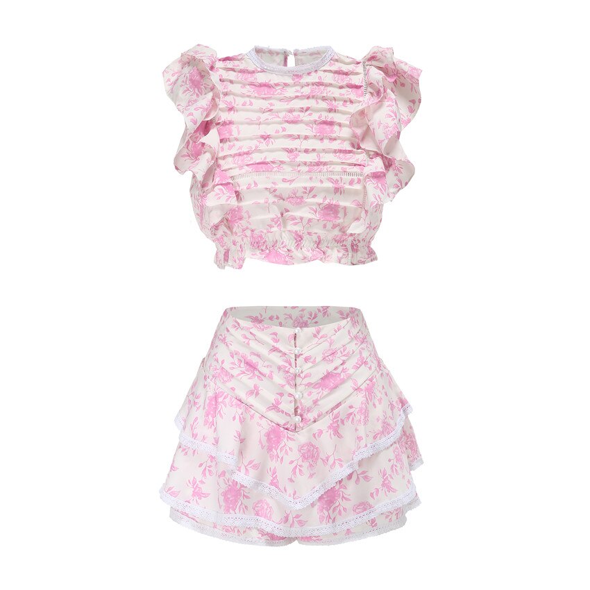 Women Sets Elastic Waistband Cropped Top with Cute Ruffle Mini Shorts Skirts
