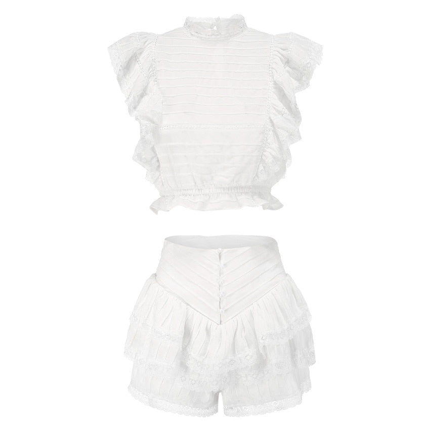 Print Ruffled Women Set-Elastic Waistband Cropped Top With Ruffle Mini Shorts