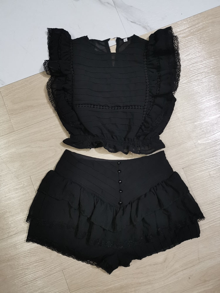 Print Ruffled Women Set-Elastic Waistband Cropped Top With Ruffle Mini Shorts
