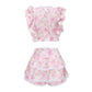 Women Sets Elastic Waistband Cropped Top with Cute Ruffle Mini Shorts Skirts