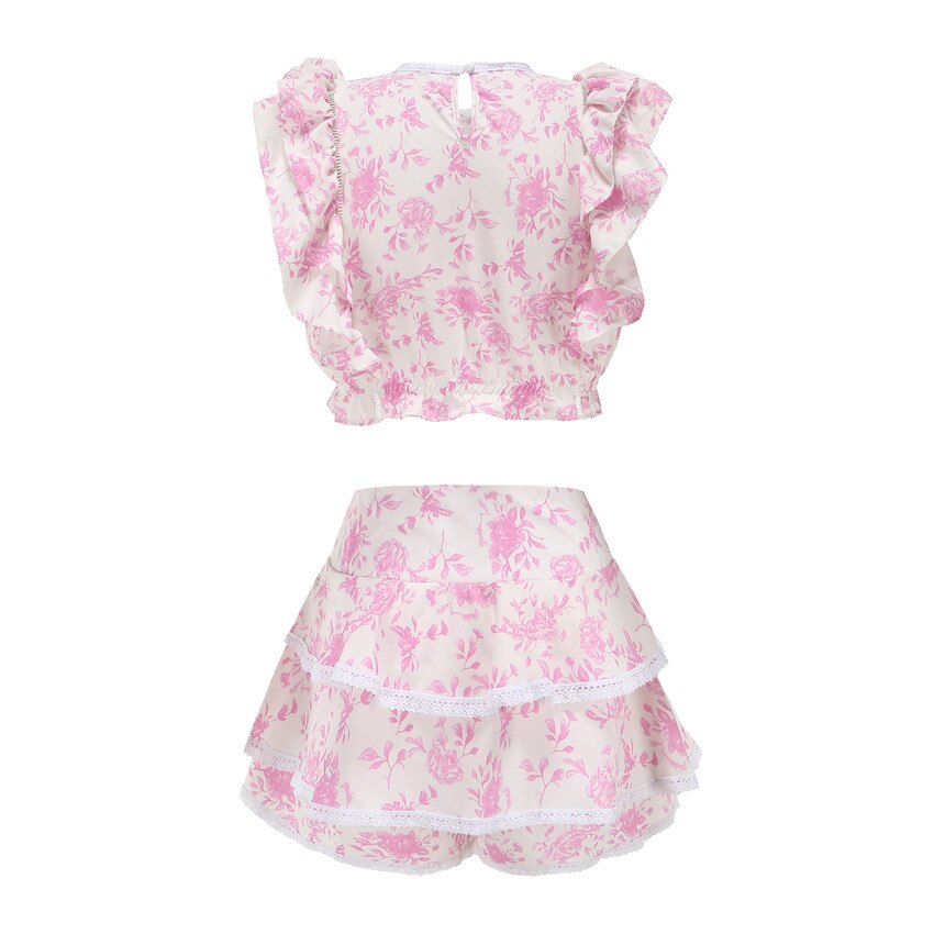 Women Sets Elastic Waistband Cropped Top with Cute Ruffle Mini Shorts Skirts