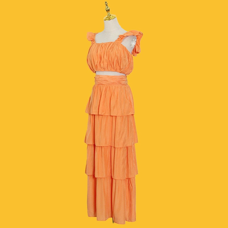Sexy Top and High Waist Ruffled Layer Skirts Sets