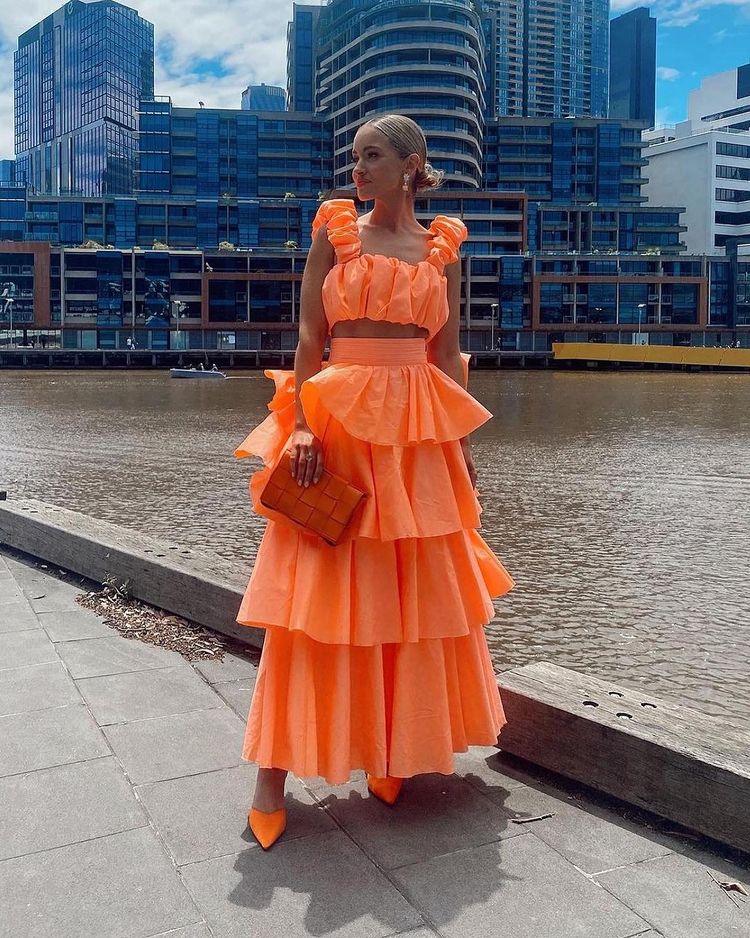 Sexy Top and High Waist Ruffled Layer Skirts Sets